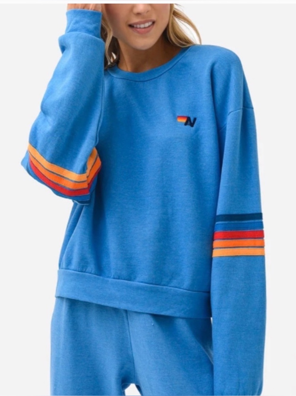 Aviator Nation Rainbow Stitch Sleeve Crew Relaxed Sweatshirt